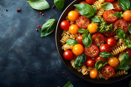 Italian summer salad featuring fresh basil, juicy cherry tomatoes, and fusilli pasta. vibrant greens and reds complemented by a pesto drizzle create a delightful dish, perfect for a refreshing appetizer or side. Generative AIの素材