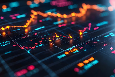 Dynamic digital visualization showcasing fluctuating stock market charts, complex data analysis. ideal for financial presentations, business reports, and investment-related media showcasing market trends. Generative AIの素材