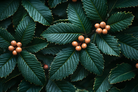 Lush, serrated green leaves with vibrant clusters of orange berries create a striking natural pattern. the harmonious contrast between foliage and fruit offers a perfect subject for botanical designs and nature-themed projects. Generative AIの素材