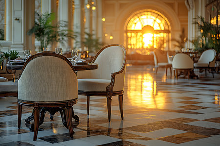Luxurious dining room featuring elegant chairs and tables in a grand space, bathed in warm sunset light through large windows. the polished marble floor adds opulence to the classic architectural design, creating an inviting atmosphere. Generative AIの素材