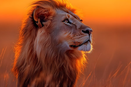 A regal lion gazes thoughtfully amidst a vivid sunset backdrop, its majestic mane and commanding presence. the warm hues of the sunset create a breathtaking contrast, embodying the essence of wildlife and natural beauty. Generative AIの素材