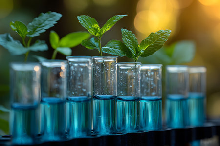 Young plants sprout from test tubes filled with blue liquid, set against a blurred natural background. the scene embodies biotech innovation, sustainable growth, and the fusion of nature with scientific advancement. Generative AIの素材
