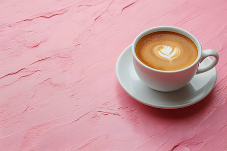 A beautifully crafted cup of coffee with intricate latte art sits on a textured pink background. the composition highlights the contrast between the creamy coffee and the vibrant color, offering an aesthetic appeal ideal for decor or menu designs. Generative AIの素材