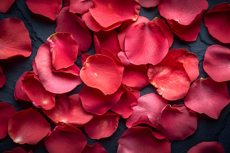 Red rose petals spread across a dark slate background, creating a striking contrast. the arrangement evokes romance and elegance, ideal for wedding decor, event planning, or valentine's day themes, adding a touch of luxury and sophistication. Generative AIの素材