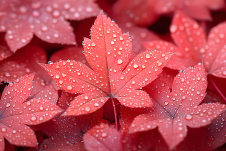 Vibrant red maple leaves adorned with delicate dew drops create a striking autumn scene. this close-up intricate details of the leaves, the texture and natural hues of the season. Generative AIの素材
