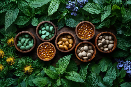 Various herbal supplements, including tablets and capsules, lie in wooden bowls atop a lush background of fresh green leaves and flowers. the scene emphasizes natural wellness, holistic health, and organic remedies. Generative AIの素材