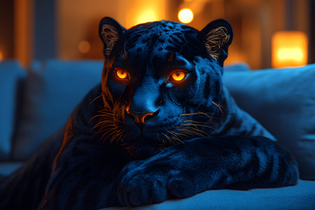 Black panther lounging on a couch, illuminated by warm ambient lighting. the panther's piercing, glowing eyes contrast with its sleek dark fur, creating a striking visual effect in a cozy indoor setting. Generative AIの素材