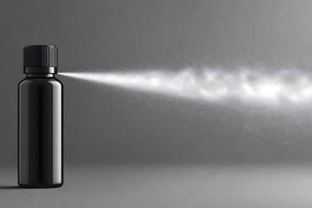 A black spray bottle ejects a fine mist against a gray backdrop, illustrating product design and functionality. ideal for presentations and advertisements focusing on cosmetic or household products. Generative AIの素材