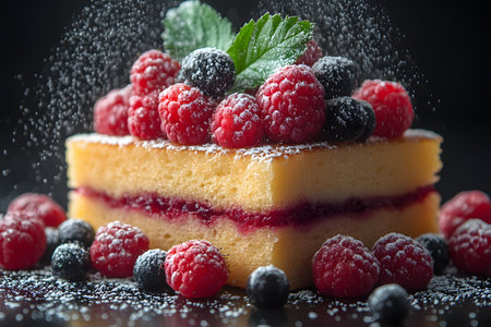 Gourmet dessert featuring a sponge cake with a vibrant berry and cream layer. topped with raspberries, blueberries, and mint leaves, it is elegantly dusted with powdered sugar, set against a dark background for dramatic contrast. Generative AIの素材
