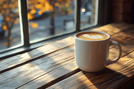 Warm sunlight filters through a window, a steaming latte adorned with latte art, set on a rustic wooden table. the golden autumn leaves outside enhance the cozy, tranquil morning ambiance. Generative AIの素材