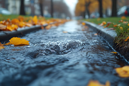 Water flows gently along an urban street, bordered by vibrant autumn leaves and blurred trees in the background. the serene scene essence of an urban nature landscape during fall, the beauty of everyday environments. Generative AIの素材