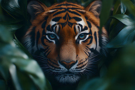 A striking image of a tiger surrounded by dense jungle foliage, its vibrant orange and black stripes and piercing blue eyes. the close-up view emphasizes the tiger's majestic presence and natural habitat, perfect for wildlife lovers. Generative AIの素材