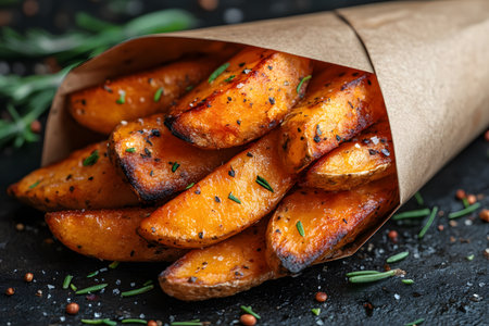 Crispy golden-brown potato wedges seasoned with herbs and spices are artfully presented in a rustic paper cone. garnished with fresh rosemary, these wedges offer a gourmet touch, perfect for culinary presentations or food blogs. Generative AIの素材