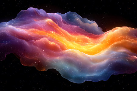 A stunning depiction of a multicolored cosmic cloud, reminiscent of a nebula, set against a starry black background. the swirling hues of orange, purple, and blue create a mesmerizing celestial scene, perfect for designs and inspiration. Generative AIの素材