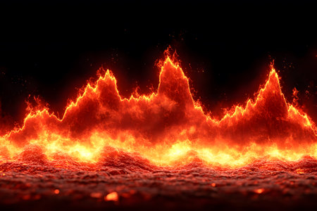 Dynamic flames form a striking, wave-like pattern against a dark backdrop, creating a vibrant and intense scene. the fiery design evokes energy and passion, ideal for dramatic themes or creative projects. Generative AIの素材