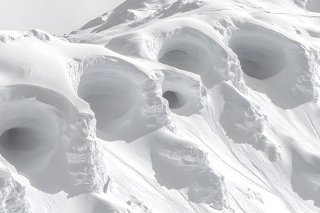 Natural snow formations create a captivating scene on mountain slopes, showcasing the beauty of winter. the undulating texture and play of light and shadow highlight the intricate details of these snowy structures. Generative AIの素材