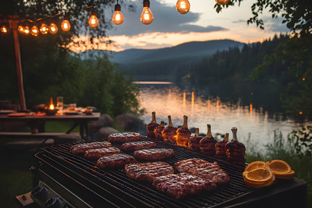 A serene outdoor barbecue setting by a lake at sunset, featuring a grill loaded with meats. string lights add warmth to the evening ambiance, while a picnic table awaits in the background under twilight skies. Generative AIの素材