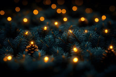 Pine branches adorned with warm, glowing lights and pine cones create an inviting and festive atmosphere. the blurred lights in the background add depth, perfect for holiday-themed projects or seasonal decorations. Generative AIの素材