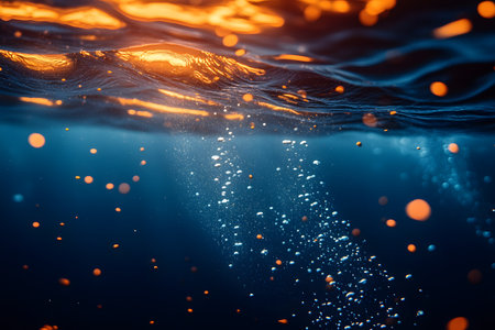 A tranquil underwater scene with sunlight casting warm reflections on the water's surface. bubbles rise through the deep blue, creating a serene, dreamlike atmosphere ideal for ocean-themed designs. Generative AIの素材
