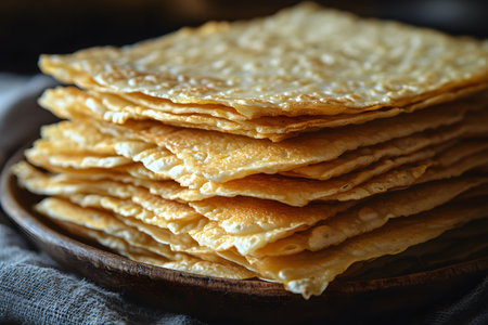 A close-up image showcasing a neatly stacked pile of golden crispbreads on a rustic wooden plate. the textures of the crispbreads highlight their crunchy quality, ideal for culinary uses, snacks, or food presentations. Generative AIの素材
