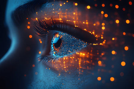 A close-up of a human eye intertwined with bright digital elements, encapsulating the fusion of technology and human vision. the glowing light patterns convey innovation and futuristic themes. Generative AIの素材