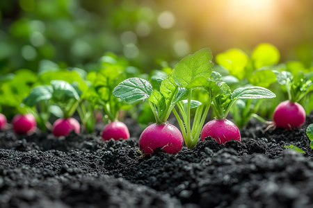 Sunlight illuminates fresh radishes growing in a lush garden. the vibrant greens and rich soil highlight themes of organic farming and sustainable agriculture, emphasizing nature's bounty and growth. Generative AIの素材