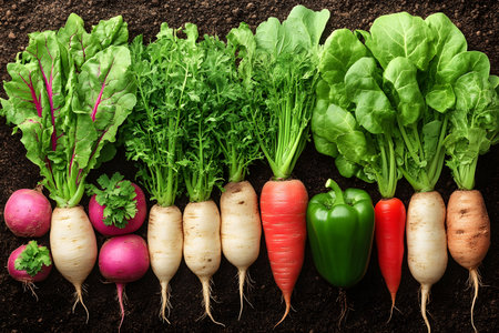 A vibrant assortment of freshly harvested organic vegetables, including radishes, carrots, green peppers, and leafy greens, neatly arranged on rich soil. this colorful display emphasizes freshness, nutrition, and sustainable farming. Generative AIの素材