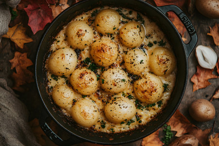 Baked whole potatoes seasoned with herbs and spices in a cast iron pot, presented in a rustic autumn setting with fallen leaves. this warm, inviting dish offers a cozy, comforting feel for culinary enthusiasts. Generative AIの素材
