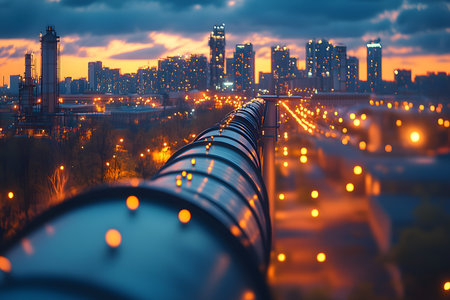 Illuminated by the glow of city lights, a pipeline stretches towards a bustling urban skyline at dusk. the scene highlights the intersection of industrial infrastructure and modern city life, under a dramatic, clouded sky. Generative AIの素材