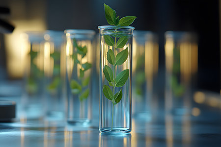 Green plant stems rise inside transparent glass test tubes, symbolizing cutting-edge biotechnology research. the lab environment highlights a commitment to sustainable and eco-friendly scientific advancements. Generative AIの素材