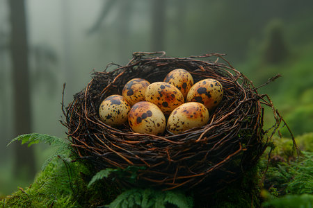 Quail eggs rest in a nest made of twigs, set against a misty forest backdrop. this serene scene highlights natural textures and earth tones, perfect for spring-themed designs or eco-friendly inspiration. Generative AIの素材