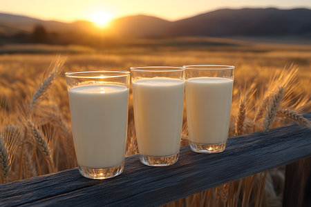Three glasses of fresh milk on a wooden fence sit in a wheat field at sunrise, capturing a serene rural scene. the warm morning light bathes the landscape, the abundance and tranquility of countryside life. Generative AIの素材