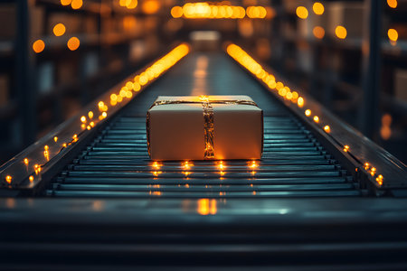 A beautifully wrapped gift box travels along a conveyor belt, surrounded by soft, warm holiday lights. this festive scene evokes a sense of anticipation and holiday spirit, ideal for themes of celebration, giving, and logistics. Generative AIの素材