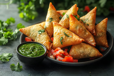 Crispy, golden indian samosas arranged on a platter with vibrant green chutney. garnished with fresh cilantro, surrounded by diced tomatoes for a pop of color. ideal for food, culinary, or cultural themes. Generative AIの素材
