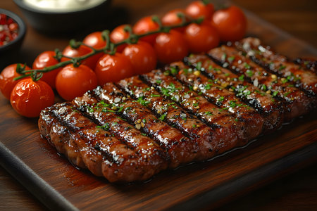 Juicy grilled steak garnished with herbs, presented alongside vibrant cherry tomatoes on a rustic wooden board. the appetizing meal essence of gourmet cooking, ideal for promoting dining experiences and culinary arts. Generative AIの素材