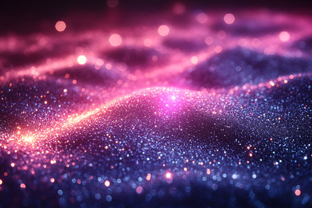 A mesmerizing close-up view of shimmering glitter particles illuminated by vivid pink and blue lights, creating an abstract pattern. the bokeh effect adds depth, making it ideal for artistic and design projects. Generative AIの素材