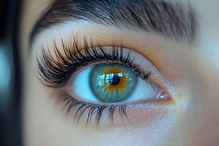 A detailed close-up of a human eye showcasing intricate details of green and yellow hues, surrounded by lush eyelashes. natural light reflects in the iris, emphasizing the vibrant colors and texture, ideal for beauty and makeup design concepts. Generative AIの素材