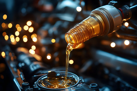 Rich golden motor oil streams into an engine, automotive care essentials. the warm bokeh lighting adds a touch of elegance, combining mechanical precision with aesthetic appeal in a workshop setting. Generative AIの素材