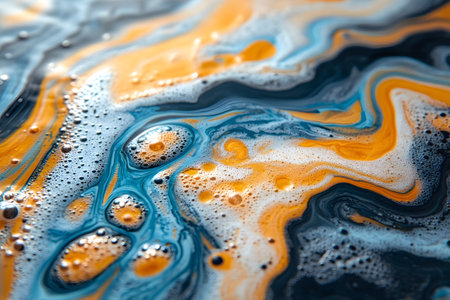 Dynamic abstract fluid art showcasing vibrant swirls of orange and blue with intricate bubbles and textures. the flowing pattern creates a visually captivating scene perfect for modern and contemporary design projects. Generative AIの素材