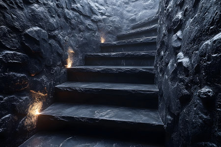 Mysterious dark stone staircase lit with subtle spotlights, creating a dramatic and mystical atmosphere. ideal for architectural designs, promoting concepts like mystery, exploration, or historical ambiance. Generative AIの素材