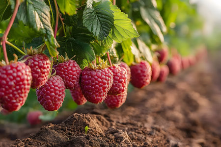 Lush raspberry bushes laden with ripe, red fruit bathed in warm sunlight. close-up view highlights the vibrant colors and natural textures, ideal for themes of agriculture, gardening, or organic produce. Generative AIの素材