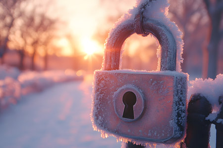 A padlock adorned with frost stands prominently against a backdrop of a snow-covered landscape, illuminated by the warm glow of sunrise. the interplay of winter elements and morning light conveys themes of security and tranquility. Generative AIの素材