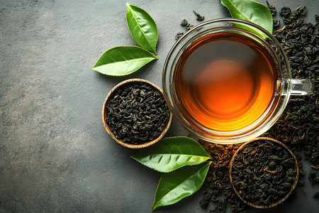Overhead view of a glass cup filled with rich black tea, surrounded by dried tea leaves and fresh green tea leaves on a textured gray surface. the arrangement highlights the concept of natural, organic beverages ideal for marketing. Generative AIの素材