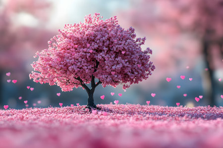 A picturesque scene featuring a pink blossoming tree surrounded by a field of pink petals and heart-shaped motifs, evoking romance. ideal for valentine's day decor or romantic-themed designs. Generative AIの素材