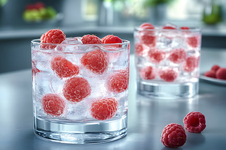 Glasses filled with sparkling water and fresh raspberries sit on a modern kitchen counter. ice cubes add a refreshing chill, the vibrant red of the raspberries against the clear liquid, creating a fresh and invigorating scene. Generative AIの素材