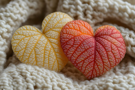 Heart-shaped leaves in shades of orange and yellow are nestled on a soft, textured knit blanket. this inviting scene evokes feelings of warmth and coziness, perfect for autumn-themed projects and designs. Generative AIの素材