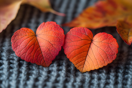 Heart-shaped autumn leaves rest gently on a textured knitted background, showcasing vibrant reds and oranges. the combination of natural elements and cozy textures evokes a warm, seasonal feel ideal for fall-themed designs. Generative AIの素材