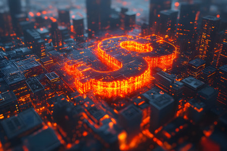 A striking digital art piece depicting a glowing orange dollar sign amidst a complex, futuristic cityscape. the scene emphasizes technology, finance, and the integration of digital and physical worlds in a modern urban environment. Generative AIの素材