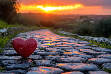 A heart-shaped stone rests on a cobblestone path, set against the backdrop of a vibrant sunset. the scene exudes romance and tranquility, making it perfect for love-themed projects or nature-inspired designs. Generative AIの素材