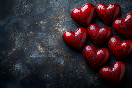 Romantic red hearts with a glossy texture and glitter detail arranged on a dark, rustic surface create a striking contrast. ideal for valentine's day decor, love-themed design projects, or romantic event invitations. Generative AIの素材